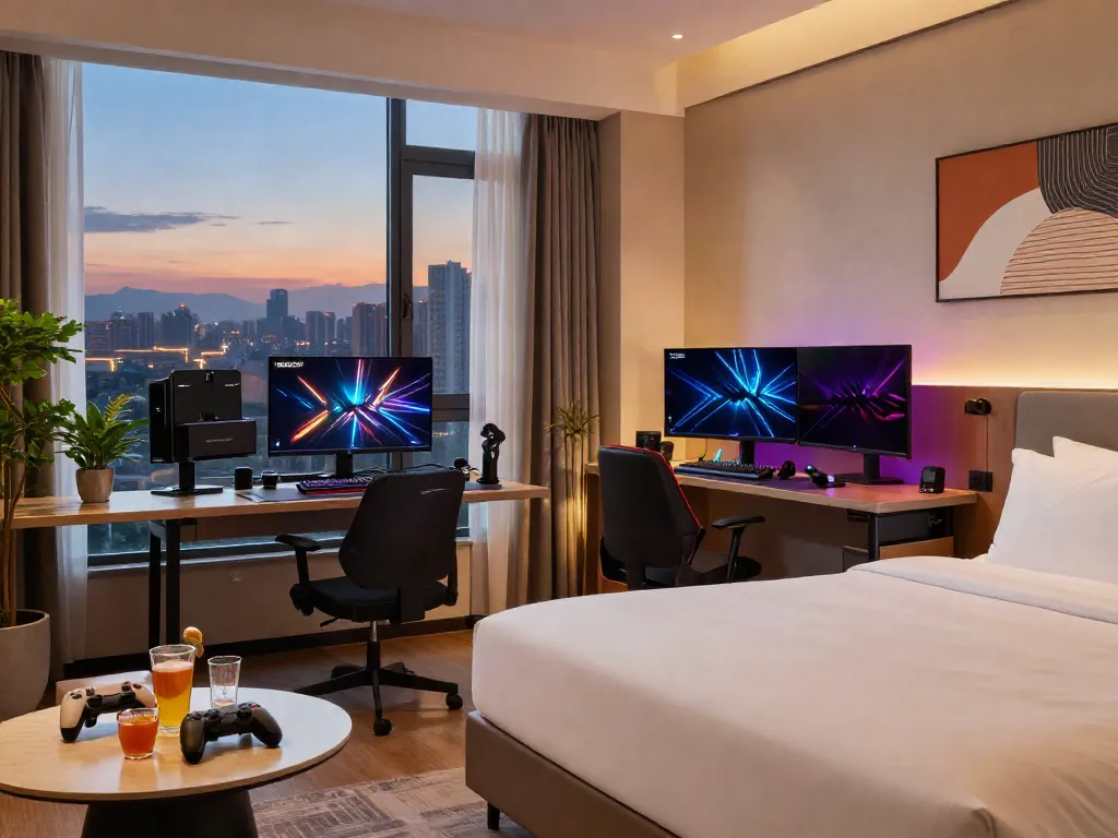 Modern hotel room at ROKOK88 featuring gaming setup and cozy ambiance.